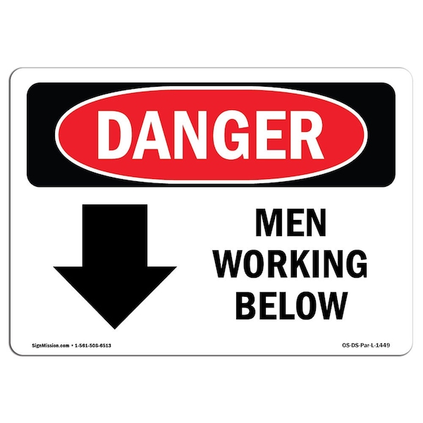 Safety Sign, OSHA Danger, 18" Height, Aluminum, Men Working Below, Landscape